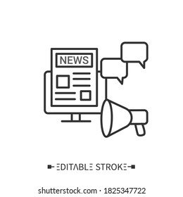 Icono de comunicado de prensa. Periódico con artículo, mensajes de medios sociales y dibujo de megaphone.Contorno. Anuncio que proporciona información.Concepto de declaración oficial.Isolación de ilustraciones vectoriales editables. 