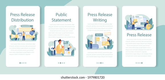 Press release mobile application banner set. Mass media publishing, daily news broadcasting. Idea of press announcement. Isolated flat vector illustration