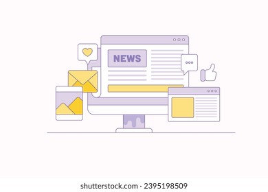 Press release, News press release, content marketing, email newsletter, social media post - vector illustration with icons