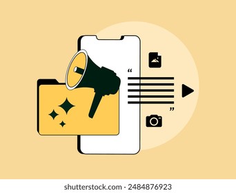 Press release and news publication concept. Online press media marketing for wider audience. Media kit with icons for PR marketing campaigns. Isolated modern flat vector illustration