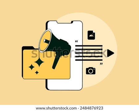 Press release and news publication concept. Online press media marketing for wider audience. Media kit with icons for PR marketing campaigns. Isolated modern flat vector illustration