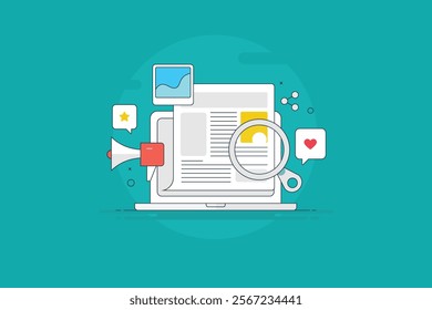 Press release online concept, News media, Online journal, article publication, News and stories - vector illustration background with icons