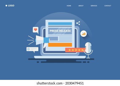 Press release, online journal, news publication, online press media - flat design vector illustration template with icons and texts - Shutterstock ID 2030479451