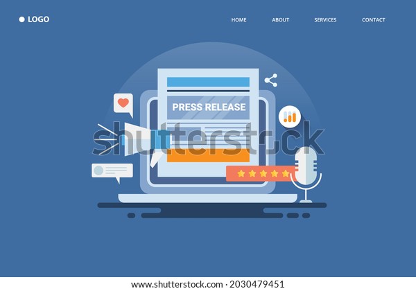 Press release, online journal, news publication,\
online press media - flat design vector illustration template with\
icons and texts