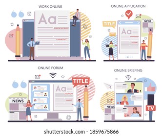 Press release online service or platform set. Mass media publishing, daily news broadcasting. Online work, briefing, forum, application. Isolated flat vector illustration