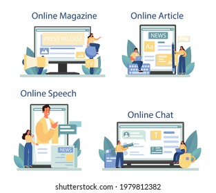 Press release online service or platform set. Mass media publishing, daily news broadcasting. Press announcement. Online magazine, chat, article, speech. Isolated flat vector illustration