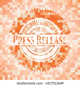 Press Release Orange Tile Background Illustration. Square Geometric Mosaic Seamless Pattern With Emblem Inside.