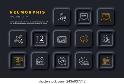 Press set icon. Signal, television, newspapers, interviews, gramophone, radio, press, online news, articles, broadcasting around world, interviewer, correspondent. Neomorphism style. Vector line icon