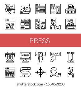 press simple icons set. Contains such icons as Ironing board, Article, Iron, Newspaper, Paparazzi, Keyboard, News, Bench press, Slide, Fingerprint scan, can be used for web, mobile and logo