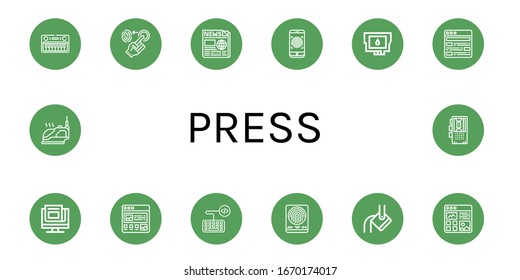 press simple icons set. Contains such icons as Keyboard, Fingerprint, Newspaper, Ink cartridge, Article, News, Heavy, Iron, Dictaphone, can be used for web, mobile and logo