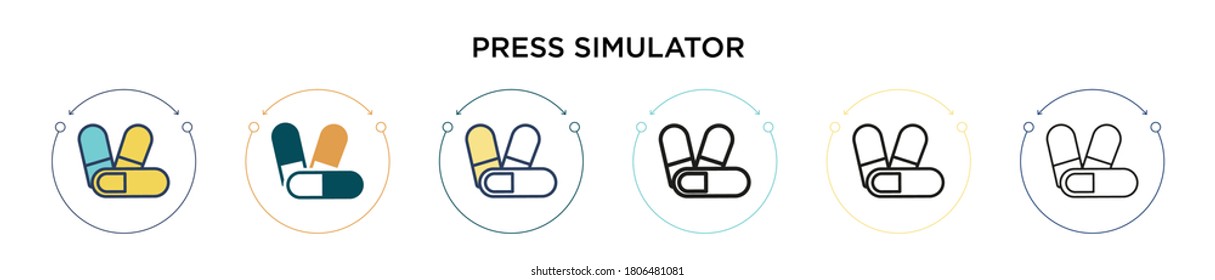 Presione el icono del simulador en el estilo relleno, delgado, contorno y trazo. Ilustración vectorial de dos íconos vectores de simulador de prensa en color y negro se puede utilizar para móviles, ui, web