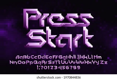 Press Start alphabet font. Pixel letters, numbers and punctuations. Pixel background. 80s arcade video game typescript.