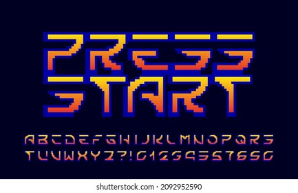 Presione el tipo de letra inicial del alfabeto. Letras, números y signos de puntuación. Escritura de videojuegos en cascada de los años 80.