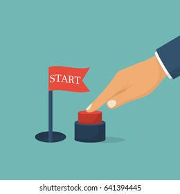 Press start button. Businessman pushing hand, red button. Red flag signaling a successful start. Vector illustration flat design. Isolated on background.