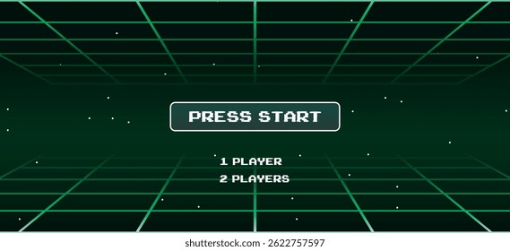 Press start button. Green 1980's vintage neon perspective grid, initial retro video game screen. Vector illustration