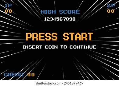 PRESS START button .pixel art .8 bit game. retro game. for game assets in vector illustrations. speed line background. 