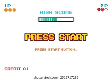 PRESS START. press start button. pixel art .8 bit game. retro game. for game assets. on white background.