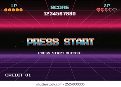 Inicio de Prensa. presione el Botón de inicio. pixel art. juego de 8 bits. juego retro. para activos de juego. fondo retro de ciencia ficción de futurismo. rejilla de neón brillante. y estrellas de juegos de computadora arcade vintage