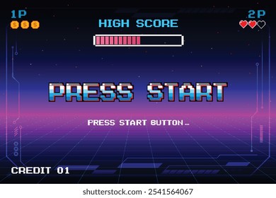 Inicio de Prensa. presione el Botón de inicio. pixel art. juego de 8 bits. juego retro. para activos de juego. fondo retro de ciencia ficción de futurismo. rejilla de neón brillante. y estrellas de juegos de computadora arcade vintage