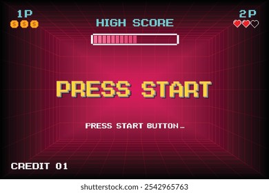 Inicio de Prensa. presione el Botón de inicio. pixel art. juego de 8 bits. juego retro. para activos de juego. fondo retro de ciencia ficción de futurismo. rejilla de neón brillante. y estrellas de juegos de computadora arcade vintage