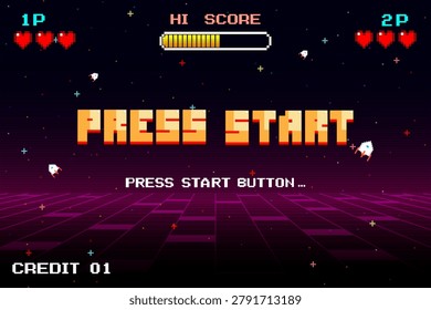PRESS START. press start button. pixel art 8 bit. Retro Futurism Sci-Fi Background. glowing neon grid and stars from vintage arcade computer games