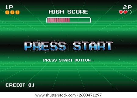 PRESS START. press start button. pixel art. 8 bit game. retro game. for game assets. Retro Futurism Sci-Fi Background. glowing neon grid. and stars from vintage arcade computer games