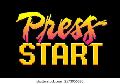 Press Start. Dynamic, bold typography blends retro and modern styles, capturing the essence of video gaming with a pixel art aesthetic. The vibrant decor features a bright, catchy color scheme