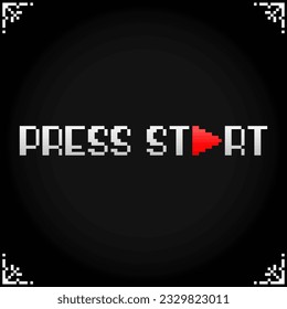 Press start icons in 8 bit pixel art. Show fonts for retro games in vector illustrations.