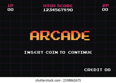 PRESS START INSERT A COIN TO CONTINUE .pixel art .8 bit game.retro game. for game assets in vector illustrations.