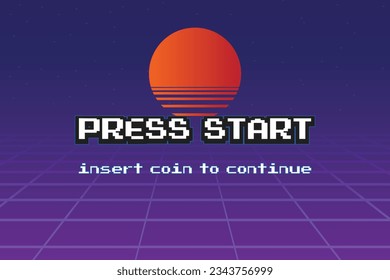 PRESS START INSERT A COIN TO CONTINUE .pixel art .8 bit game.retro game. for game assets in vector illustrations.Retro Futurism Sci-Fi Background. glowing neon grid.and stars from vintage arcade comp