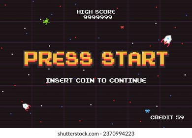 PRESS START INSERT A COIN TO CONTINUE .pixel art .arcade screen.8 bit game.retro game. for game assets in vector illustrations.