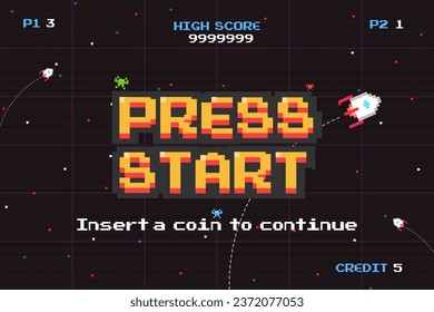 PRESS START INSERT A COIN TO CONTINUE .pixel art .arcade screen.8 bit game.retro game. for game assets in vector illustrations.