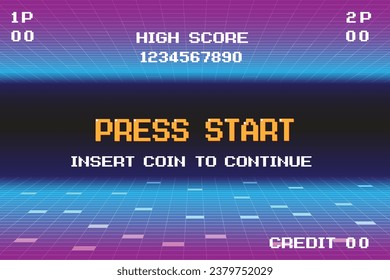 PRESS START INSERT A COIN TO CONTINUE. pixel art .8 bit game. retro game. for game assets in vector illustrations.	