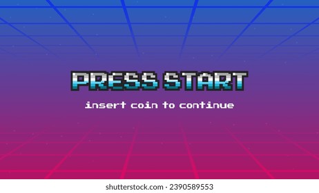 PRESIONE INSERTAR UNA MONEDA PARA CONTINUAR .pixel art .8 bit game.retro game. para activos de juego .Retro Futurismo Sci-Fi Background. red de neón brillante.y estrellas de juegos de computadora de arcade vintage