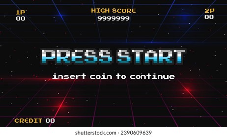 PRESS START INSERT A COIN TO CONTINUE .pixel art .8 bit game.retro game. for game assets .Retro Futurism Sci-Fi Background. glowing neon grid.and stars from vintage arcade computer games