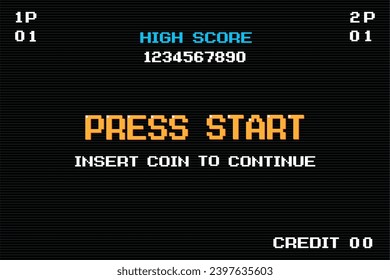 PRESS START INSERT A COIN TO CONTINUE .pixel art .8 bit game. retro game. for game assets in vector illustrations.