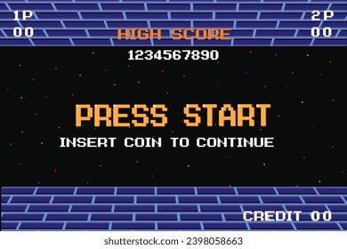 PRESS START INSERT A COIN TO CONTINUE. pixel art .8 bit game. retro game. for game assets in vector illustrations.