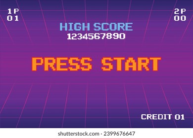 PRESS START INSERT A COIN TO CONTINUE. pixel art .8 bit game. retro game. for game assets in vector illustrations.	