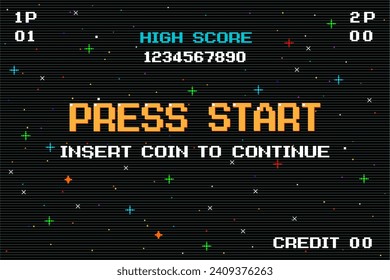 PRESS START INSERT A COIN TO CONTINUE. pixel art .8 bit game. retro game. for game assets in vector illustrations.	