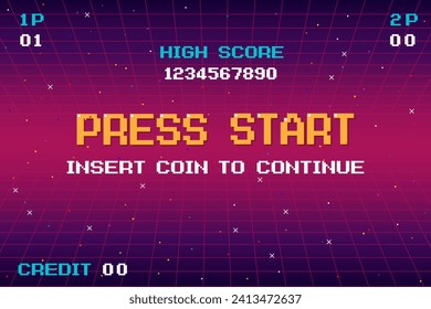 PRESIONE INSERTAR UNA MONEDA PARA CONTINUAR. imagen de píxel .8 bit de juego. juego retro. para activos de juego en ilustraciones vectoriales.	
