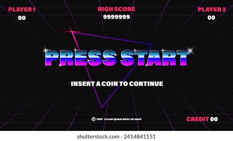 PRESS START INSERT A COIN TO CONTINUE .retro game. for game assets in vector illustrations.Retro Futurism Sci-Fi Background. glowing neon grid.and stars from vintage arcade comp