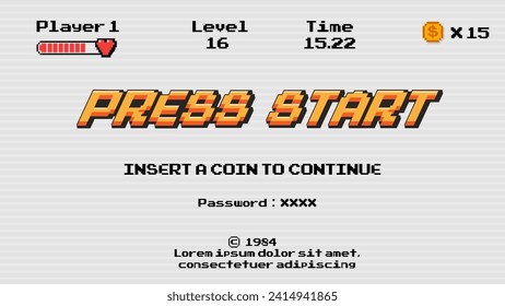 PRESS START INSERT A COIN TO CONTINUE .pixel art .8 bit game.retro game. for game assets in vector illustrations.Retro Futurism Sci-Fi Background. glowing neon grid.and stars from vintage arcade comp