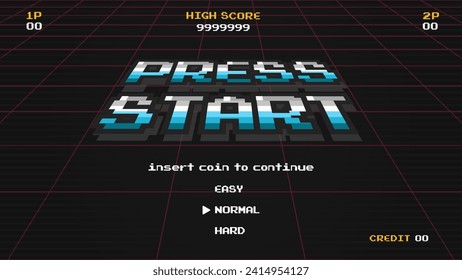 PRESS START INSERT A COIN TO CONTINUE .pixel art .8 bit game.retro game. for game assets in vector illustrations.Retro Futurism Sci-Fi Background. glowing neon grid.and stars from vintage arcade comp