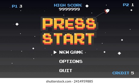 PRESS START INSERT A COIN TO CONTINUE .pixel art .8 bit game.retro game. for game assets in vector illustrations.Retro Futurism Sci-Fi Background. glowing neon grid.and stars from vintage arcade comp