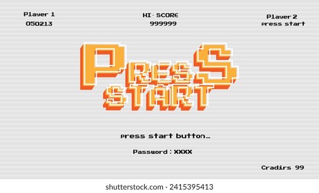 PRESS START INSERT A COIN TO CONTINUE .pixel art .8 bit game.retro game. for game assets in vector illustrations.Retro Futurism Sci-Fi Background. glowing neon grid.and stars from vintage arcade comp