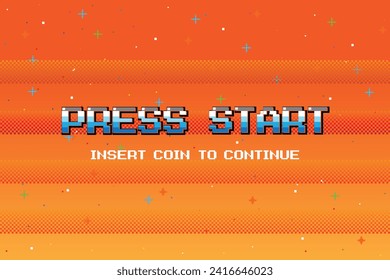PRESS START INSERT A COIN TO CONTINUE .pixel art .8 bit game. retro game. for game assets .Retro Futurism Sci-Fi Background. glowing neon grid. and stars from vintage arcade computer games