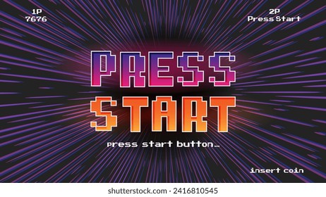 PRESS START INSERT A COIN TO CONTINUE .pixel art .8 bit game.retro game. for game assets in vector illustrations.