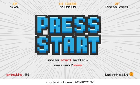 PRESS START INSERT A COIN TO CONTINUE .pixel art .8 bit game.retro game. for game assets in vector illustrations.