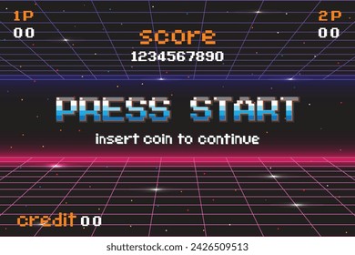 PRESS START INSERT A COIN TO CONTINUE .pixel art .8 bit game. retro game. for game assets .Retro Futurism Sci-Fi Background. glowing neon grid. and stars from vintage arcade computer games