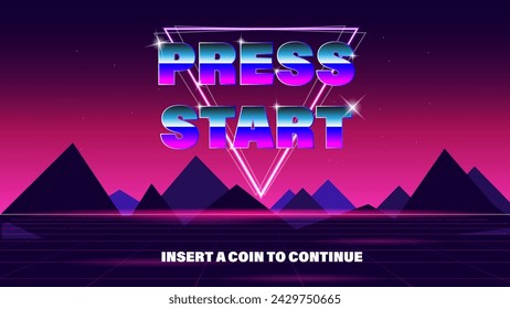  PRESS START INSERT A COIN TO CONTINUE .pixel art .8 bit game.retro game. for game assets .Retro Futurism Sci-Fi Background. glowing neon grid.and stars from vintage arcade computer games
